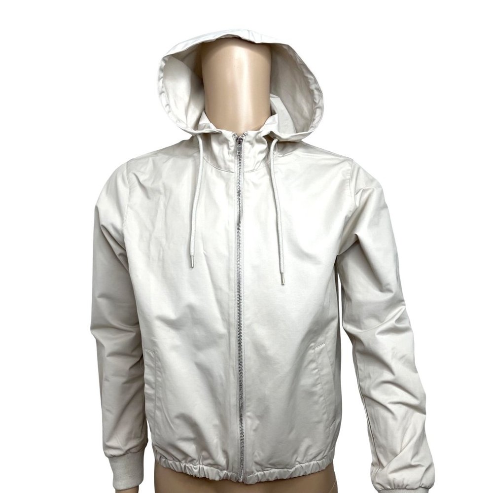 Forever 21 Men’s Windbreaker Jacket Beige S Hood Drawcord Full Zip Side Pockets